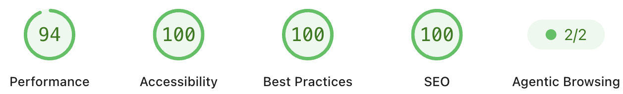 Lighthouse mobile scores: 94 Performance, 100 Accessibility, 100 Best Practices, 100 SEO